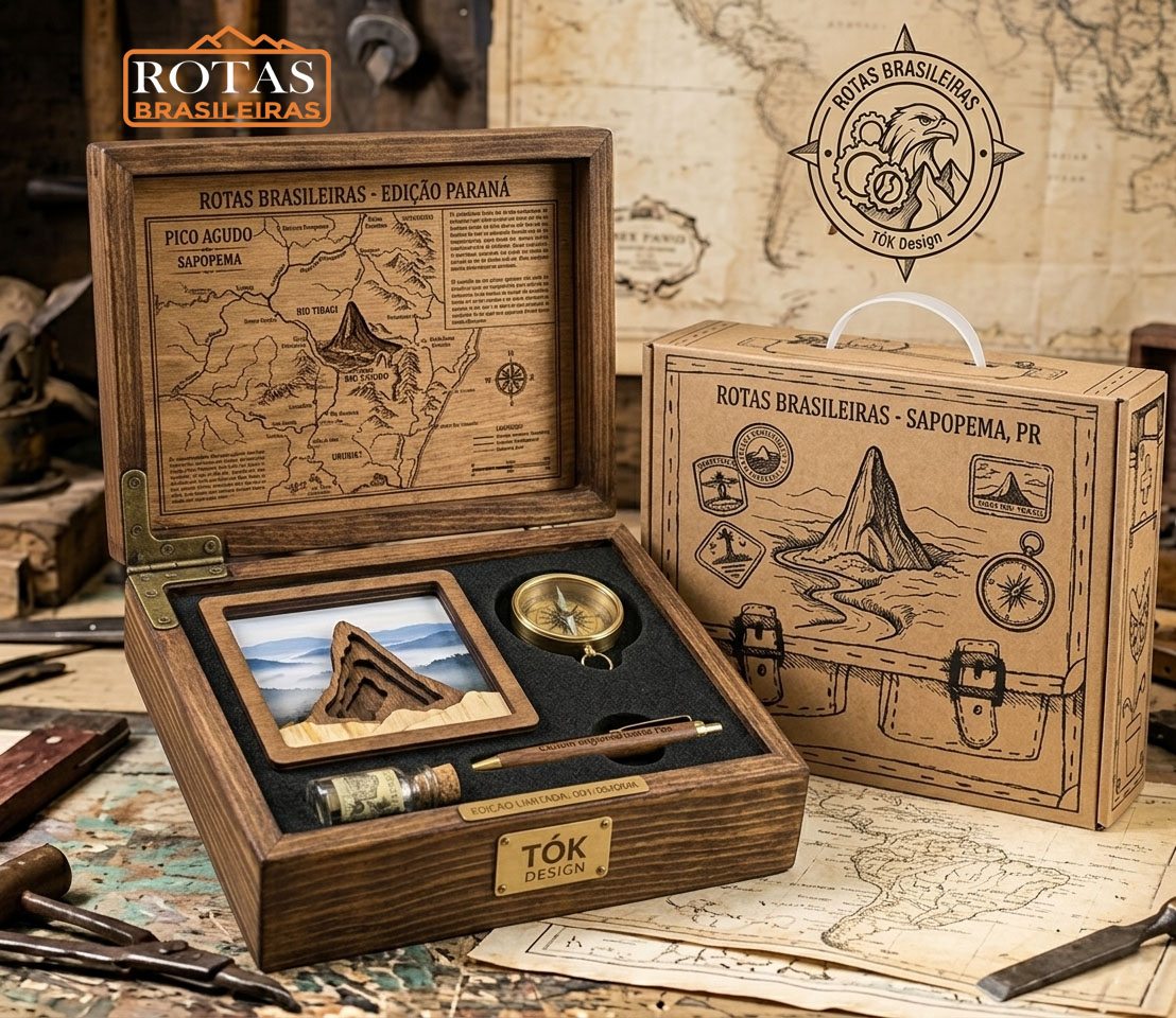 Conjunto Pico Agudo — box de madeira, caixa kraft de expedição e logo Rotas Brasileiras