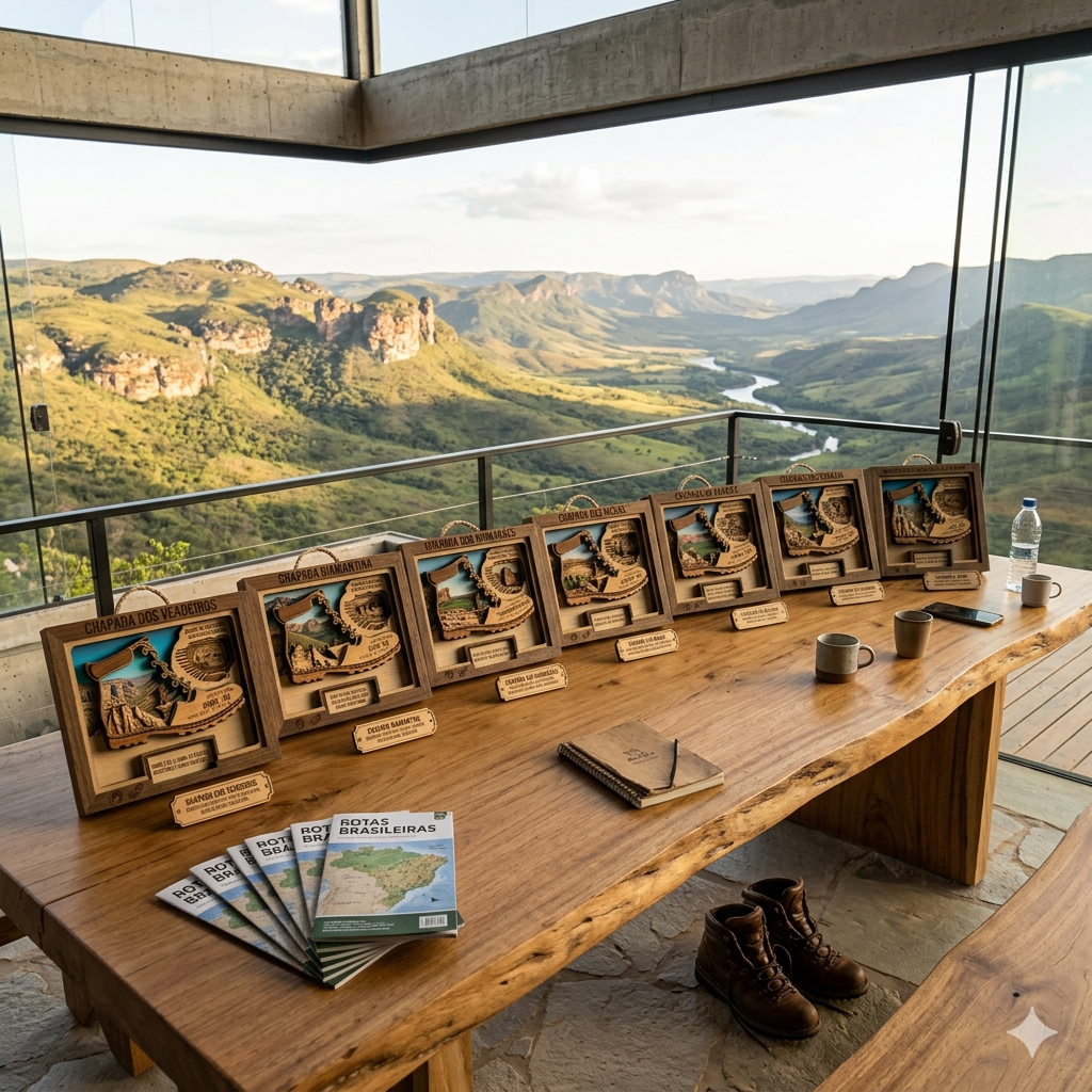 Sete shadowboxes de chapadas brasileiras alinhadas em mesa de madeira com vista para o cerrado